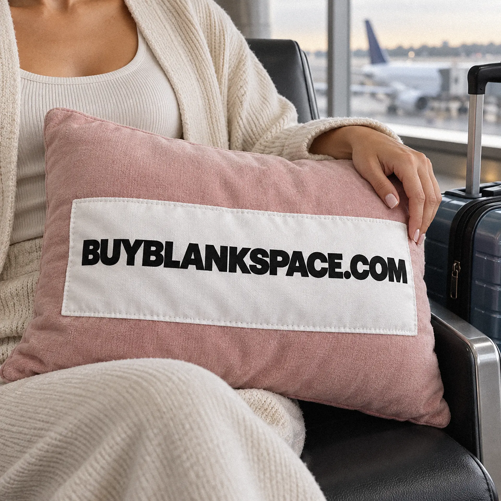 Travel pillow displaying BUYBLANKSPACE.COM in an airport lounge