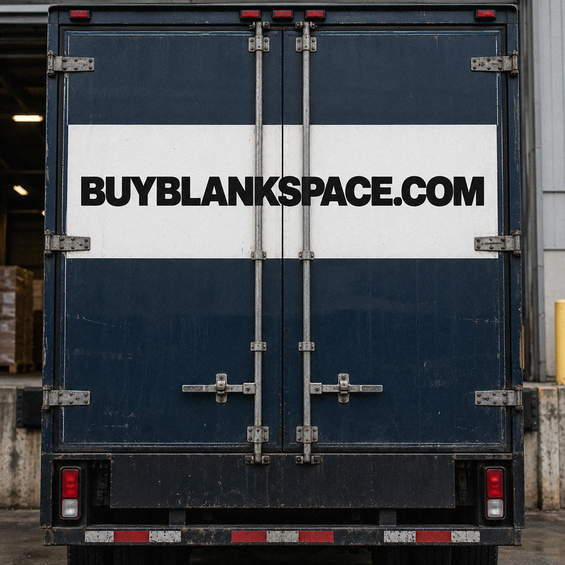 Working freight trailer with a BUYBLANKSPACE.COM rear-door placement