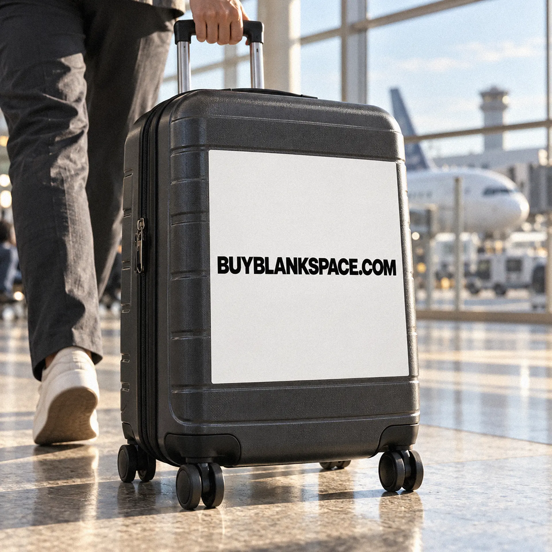 Carry-on suitcase displaying BUYBLANKSPACE.COM at an airport