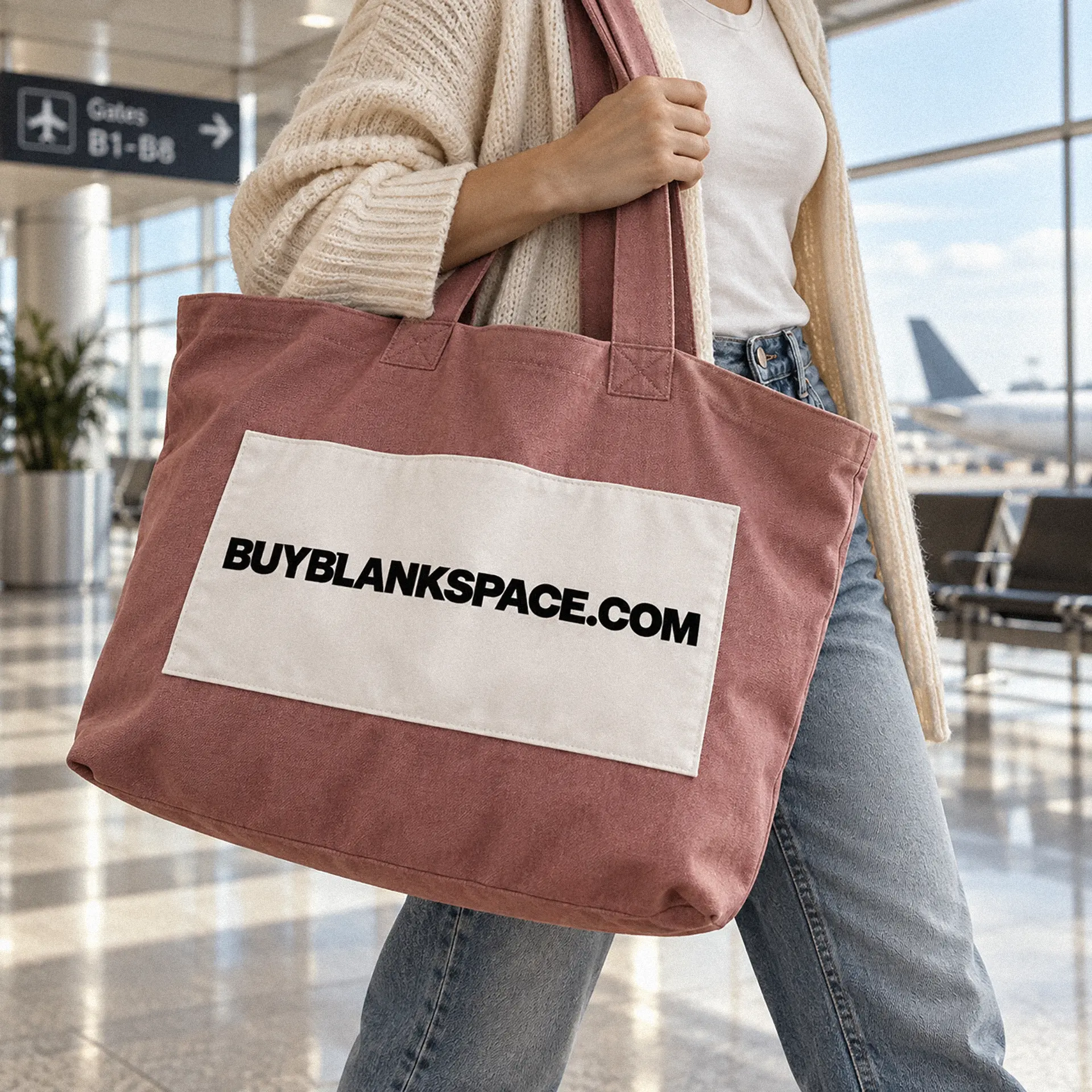 Tote bag displaying BUYBLANKSPACE.COM in an airport